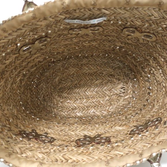 ANYA HINDMARCH BEACH LARGE BASKET TOTE GOLD LEATHER-TRIM RAFFIA SHOULDER BAG - Picture 9 of 10